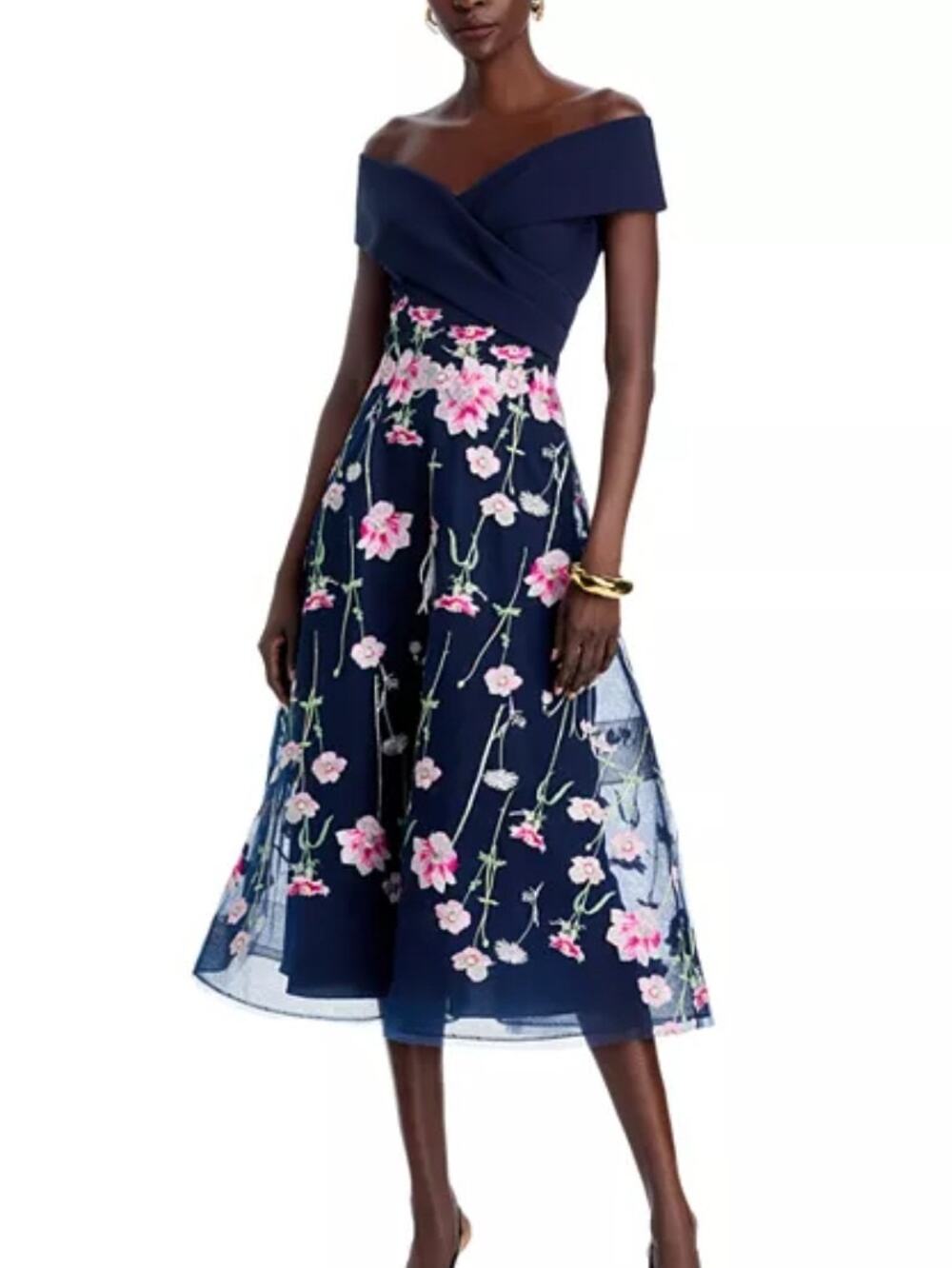 Teri Jon Rickie Freeman Off Shoulder Embroidered Tulle Midi Dress NWT 6 Formal